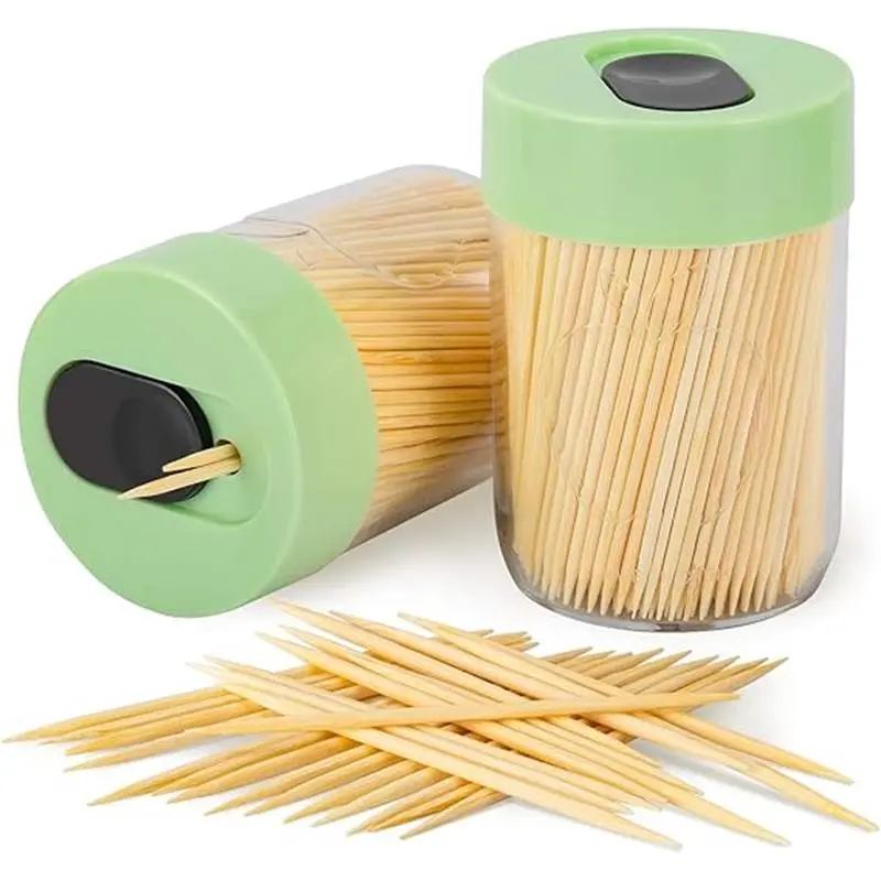 Sturdy Safe Toothpick Holder with 800 Natural Wood Toothpicks for Teeth Cleaning, Unique Home Design Decoration, Unusual Gift, 2 Pack, Green Kitchen Set Bottles Wooden Organiser