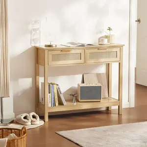 【Spotlight Day】VEVOR Rattan Console Table with 2 Storage Drawers Rattan Sliding Door Natural, Rattan Entryway Table with Storage, Small Console Tables for Entryway, Entry Table for Hallway, Living Room Table