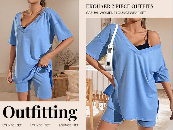 EKOUAER V-neck Two-Piece Pajama Set For Women Summer Casual Oversized Split Hem Shirts & Biker Shorts Minimalist Lounge Wear Soft Homewear Cozy Pjs Clothes Comfy EKOUAER V-neck Two-Piece Pajama Set For Women Summer Casual Oversized Split Hem Shirts & Biker Shorts Minimalist Lounge Wear Soft Homewear Cozy Pjs Clothes Comfy