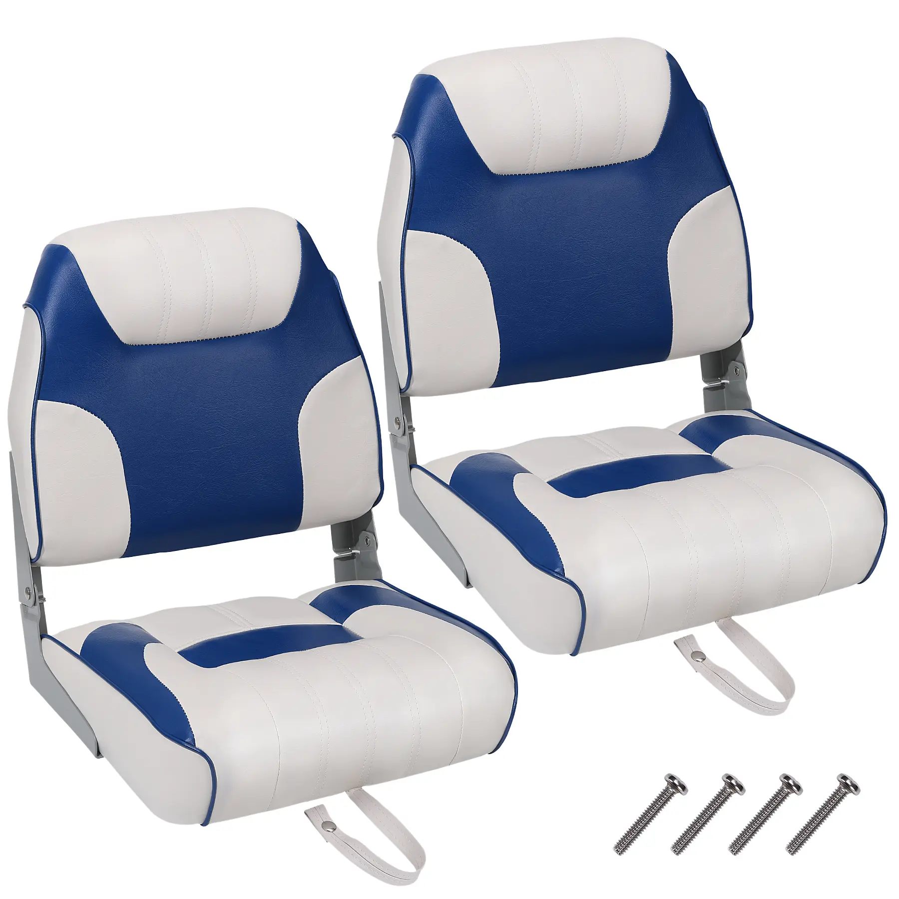 2-piece set of low back folding marine seats - thick padded captain's seat for boats, UV and weather resistant, waterproof synthetic leather, ergonomic backrest, suitable for fishing, speedboats, yachts, canoes, sightseeing