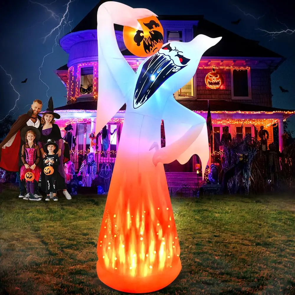 10 FT Ghost-Theme Giant Inflated Fabric Halloween Decoration, Waterproof Blow-Up Pumpkin with Rotating LED Flame Lights, Outdoor Lawn/Garden/Porch Novelty Toy for Holiday Parties, Water Proof