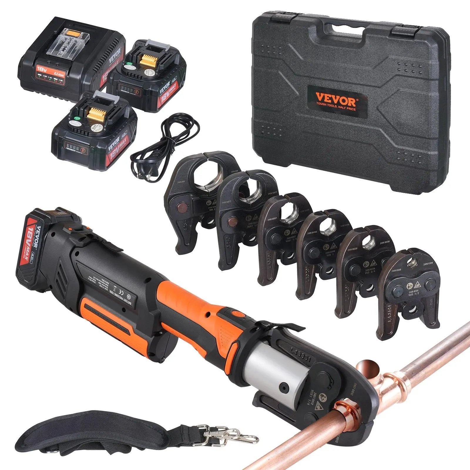 【summerfinds】VEVOR ProPress Tool,  , 18V Electric Pipe Crimping Tool for 1/2”, 3/4”, 1”, 1 1/4", 1 1/2", 2" Copper Pipes, Press Tool Kit with Brushless Motor, 6 Pro Press Jaws, 2pcs 4AH Battery