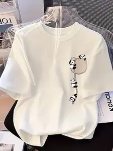 Fashion New Women's Round Neck Cartoon Panda Print Short Sleeve Casual T-Shirt Animal Tee, Loose-Fitting All-Seasons Top, Stylish and Comfortable