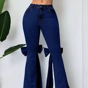 Three-dimensional Bow Slim-fit Mid-stretch Mop Horn Denim Trousers
