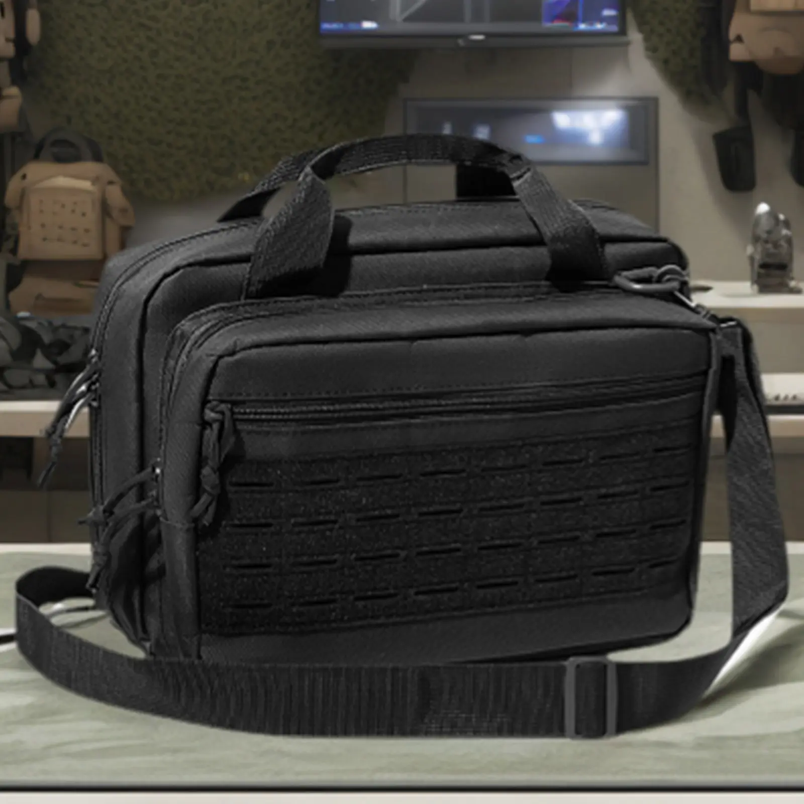Tactical Handgun Messenger Bag - 600D Oxford, Waterproof, Scratchproof, High-Capacity, 5mm Pearl Cotton, MOLLE System Compatibility, Lockable Comp., Multiple Pockets, Adjustable Shoulder Strap for Outdoor Hunting Range, Multi-Function