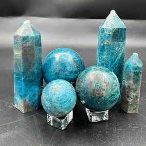 Crystal land 2 All Blue Apatite Decorative Crystal Set - Natural Stone Spheres & Towers for Home Office Decor - High-Quality Handcrafted Artisanal Pieces