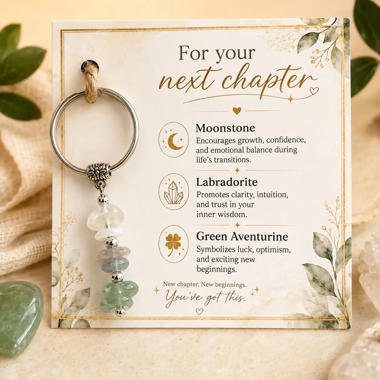 Women's New Chapter Crystal Keychain with Natural Moonstone, Labradorite, Green Aventurine Gemstone Trio, Female Gifts with Meaning Cards for Positive Vibes, Graduation, New Job
