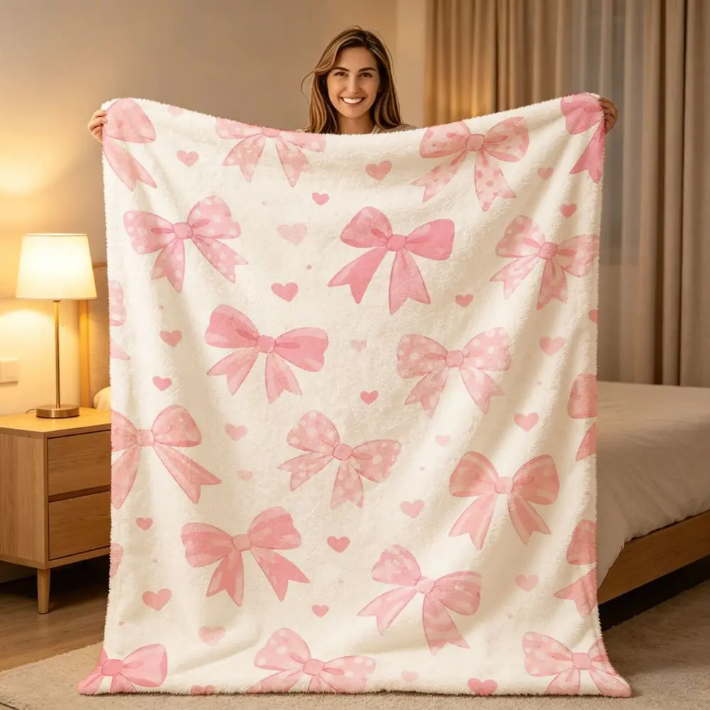 Soft Fluffy White Throw Blanket with Pink Bow And Heart Pattern Cozy Lightweight Decorative Blanket for Bed Sofa Living Room And Home Gift