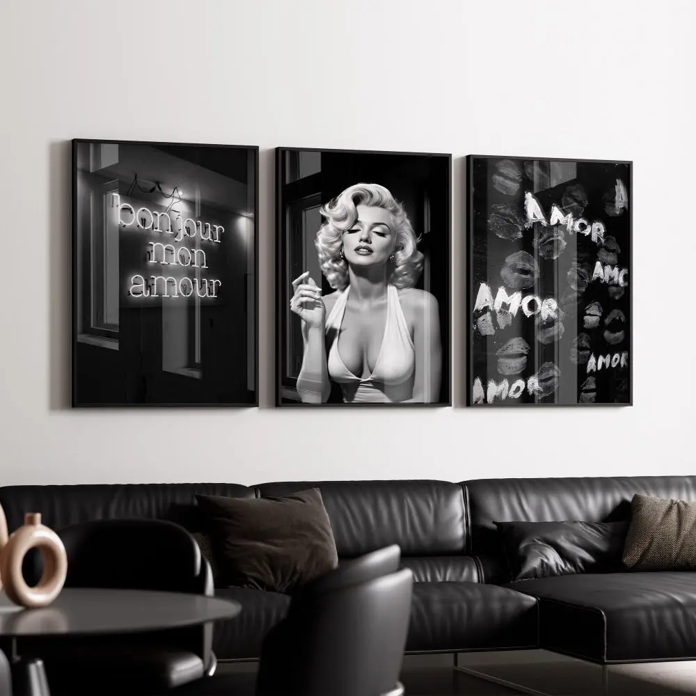 Marilyn Monroe Wall Art Set of 3, Bonjour Mon Amour Neon Print, Red Lips Amor Collage Poster, Old Hollywood Glamour Decor, Digital Download