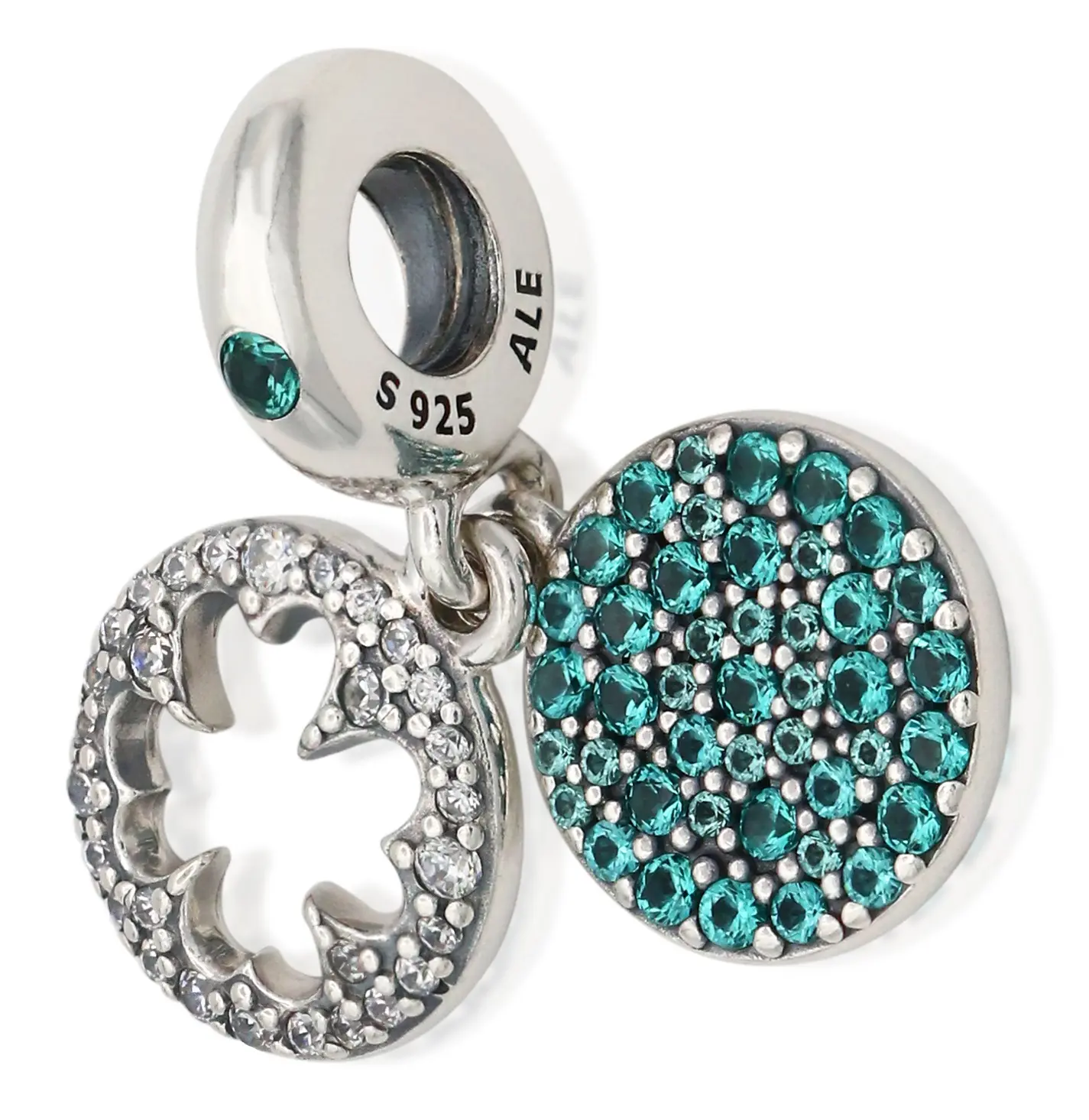 PANDORA Sterling Silver 4-Leaf Clover Double Dangle Charm - Engraved Design, Green Crystals, Glittering Stones - Charms & Pendants for Adults, Everyday Wear