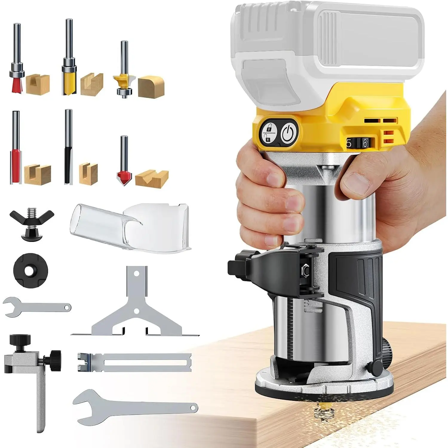 Cordless Router Tool Compatible with DeWalt 20V Battery(Tool Only), 800W Brushless Wood Router, 6-Speed Control, Depth Adjustment, Edge & Roller Guide, Router Bits Included (NO BATTERY)