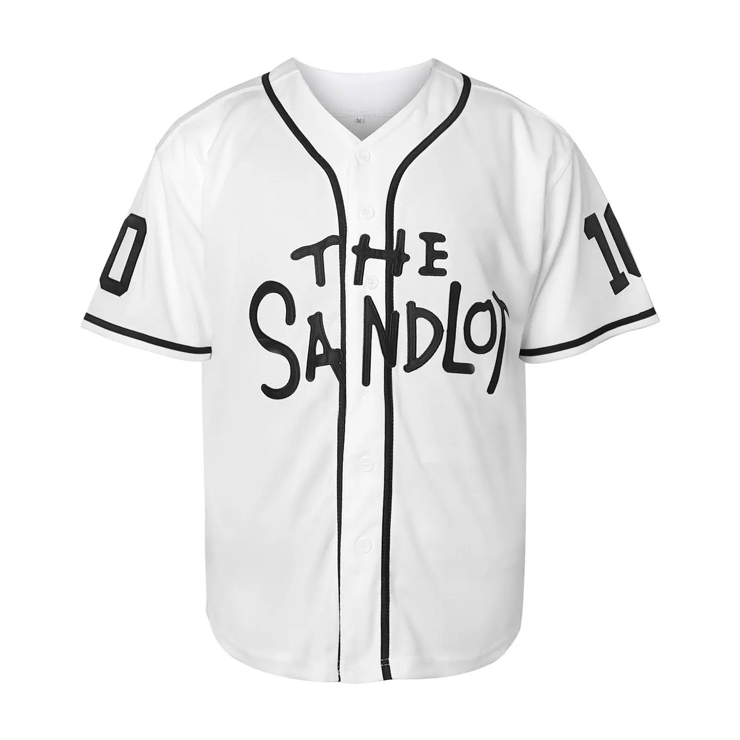Men's White The Sandlot #10 Number Full Embroidery Retro V-Neck Button Front Baseball Jersey, Stitched Classic Movie Uniform, Soft Breathable Professional Athletic Casual Wear for Fans