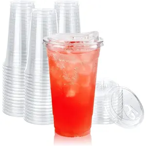 [60 PACK] 24 oz Clear Plastic Cups With Strawless Sip Through Lids, Disposable, for Ice Coffee, Smoothie, Slurpee, or Any Cold Drinks