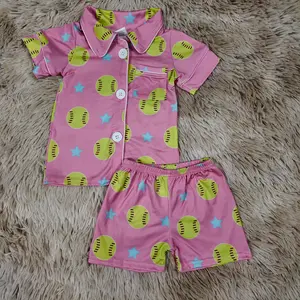 Short sleeves softball printed kids girls summer button down pajamas