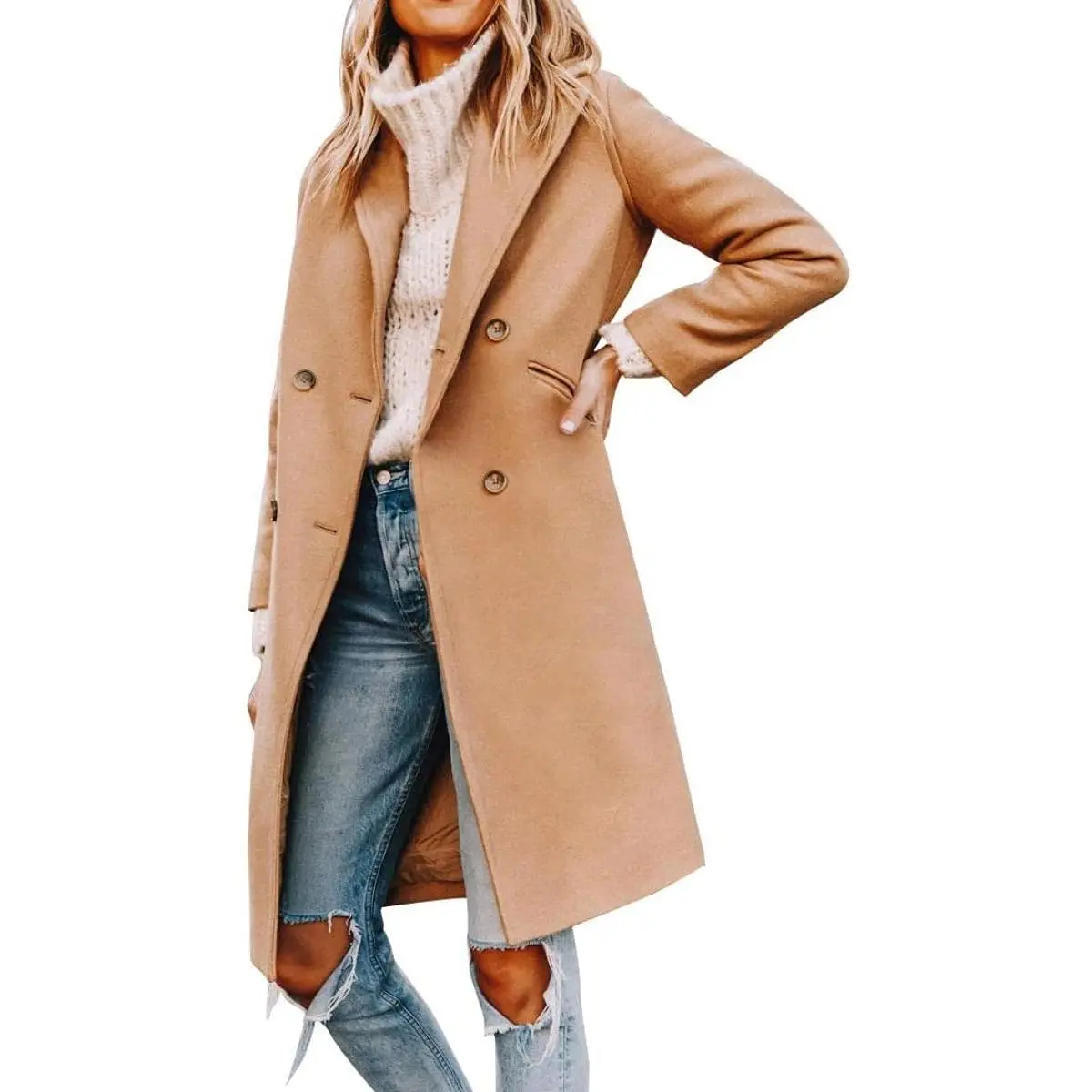 YOUSIFY Women's Trench Coat, Double Breasted Wool Blend Pea Coat, Solid Color Long Winter Overcoat with Pockets