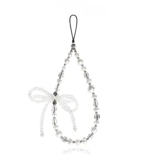 Elegant Pearl Mobile Smartphone Cellphone Wristlet - Beaded Metal Safety Anti-Lost Lanyard, Decorative Phone Chain Accessory for Sports & Outdoor Protective Gear Use