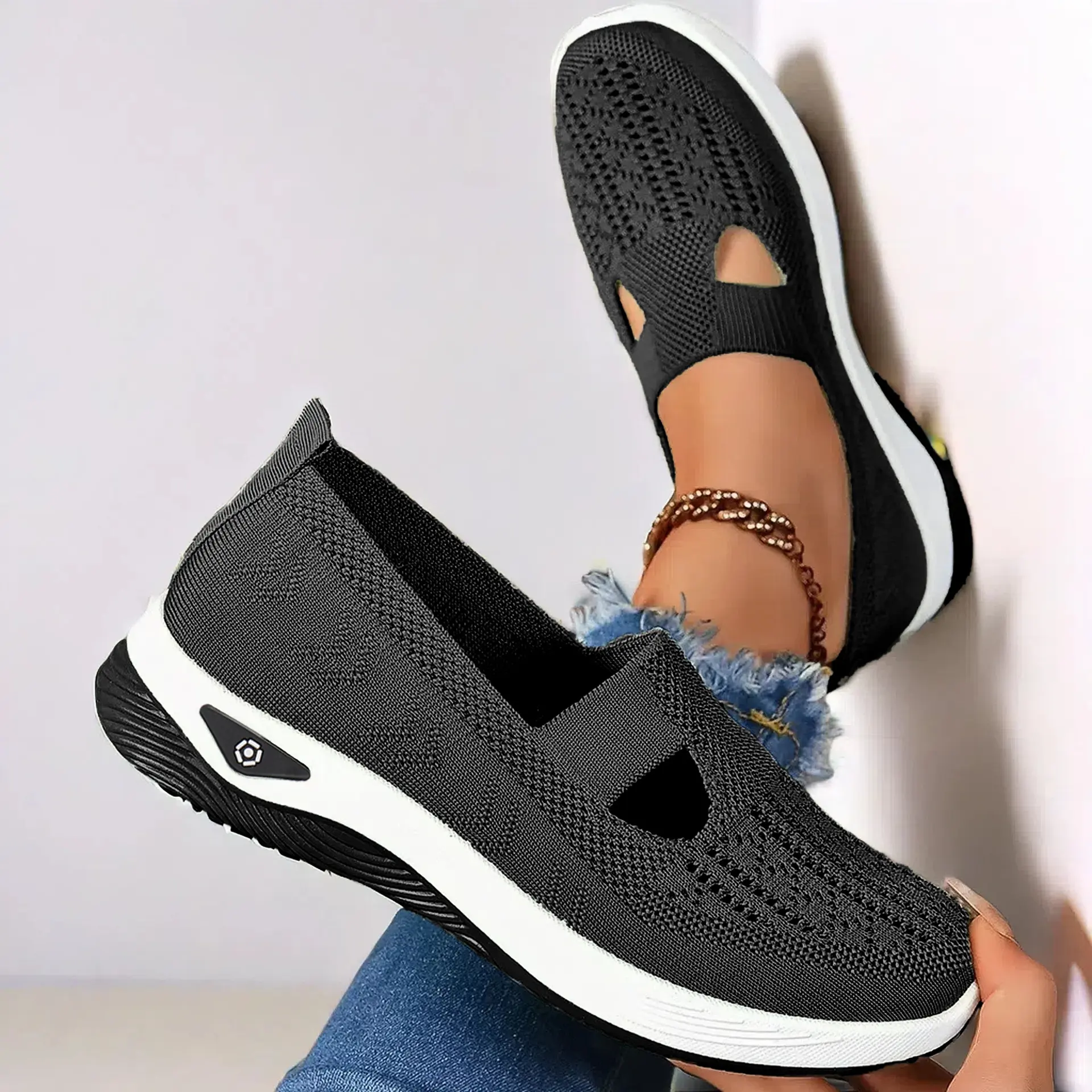 OFIREND Women's Summer Knit Mary Jane Flats - Breathable Hollow-Out Footwear, Lightweight Non-Slip Soft Sole Wedge Shoes for Women, Senior Walking Shoes