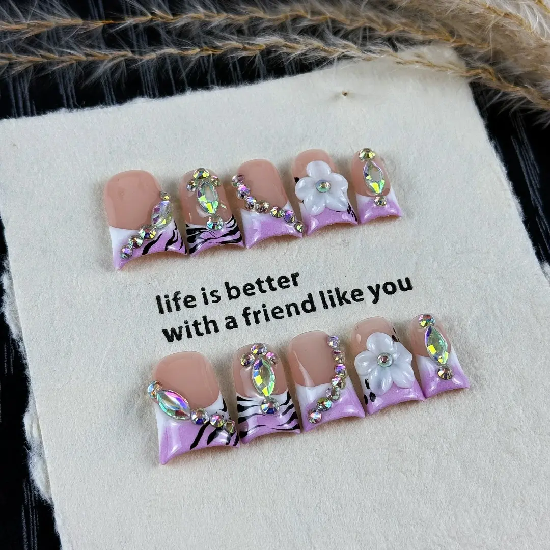 10pcs Handmade Press On Retro Gothic style, hand-painted zebra pattern, three-dimensional embossing, glittering diamonds, Floral embellished rhinestone fake nails, Decorative Nails, Handmade Nail Art, Suitable for girls, carnival events, nail stickers