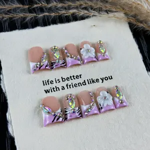 10pcs Retro Gothic style, hand-painted zebra pattern, three-dimensional embossing, glittering diamonds, Iridescent glitter, Floral embellished rhinestone handmade fake nails, Suitable for girls, street dancers, DJs for carnival events, nail stickers