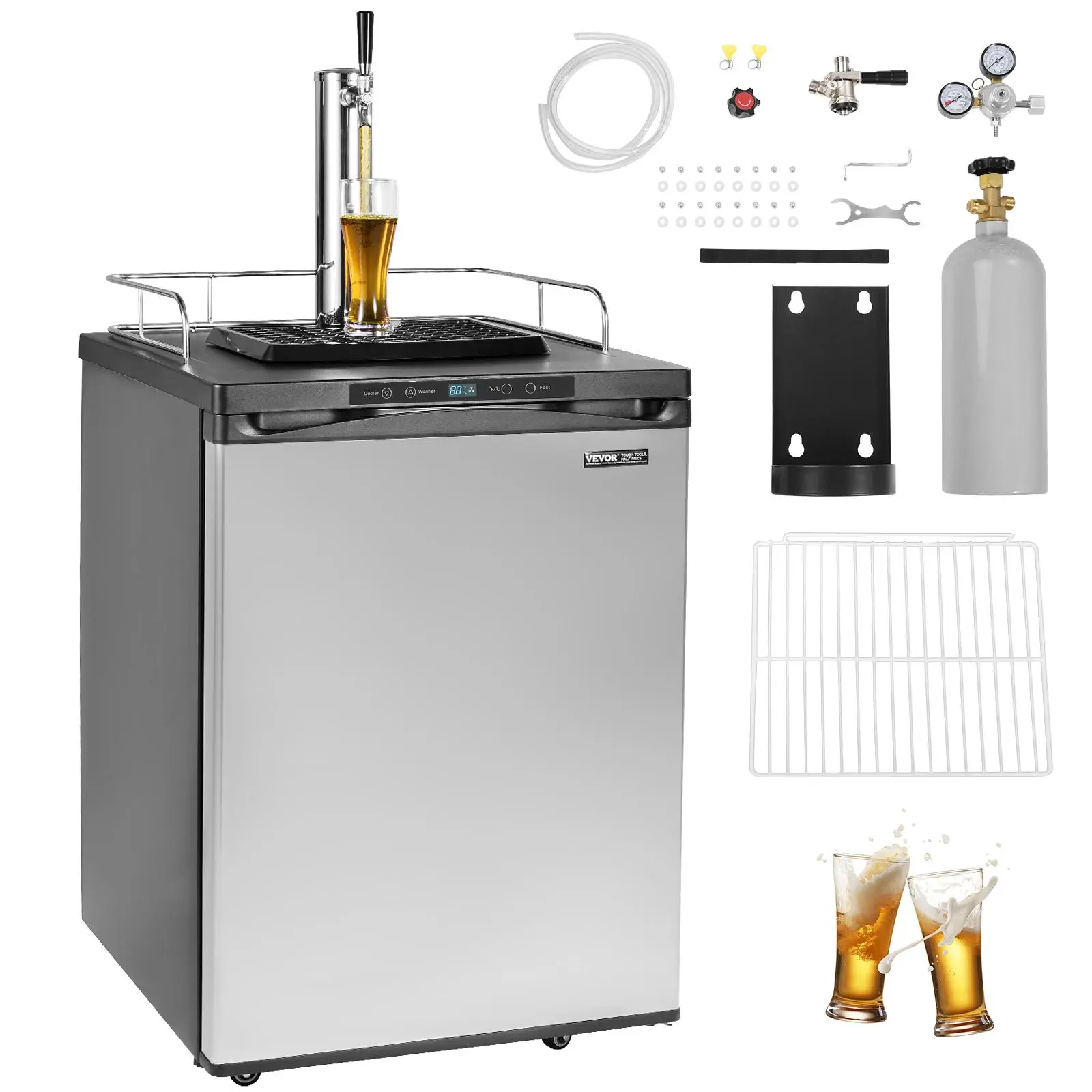 VEVOR Beer Kegerator, Single Tap Draft Beer Dispenser, Full Size Keg Refrigerator With Shelf, CO2 Tank(No Gas), Drip Tray & Rail, 23°F- 82.4°F Temperature Control, 162L, Silver
