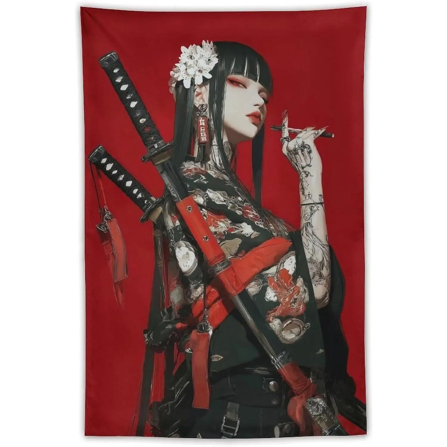 MFOOYYI Removable Tapestry Wall Decoration, Girl with Samurai Swords & Tattoo Large Wall Art Hanging, 40in*60in Girl Room Decor for Bedroom Home Supplies