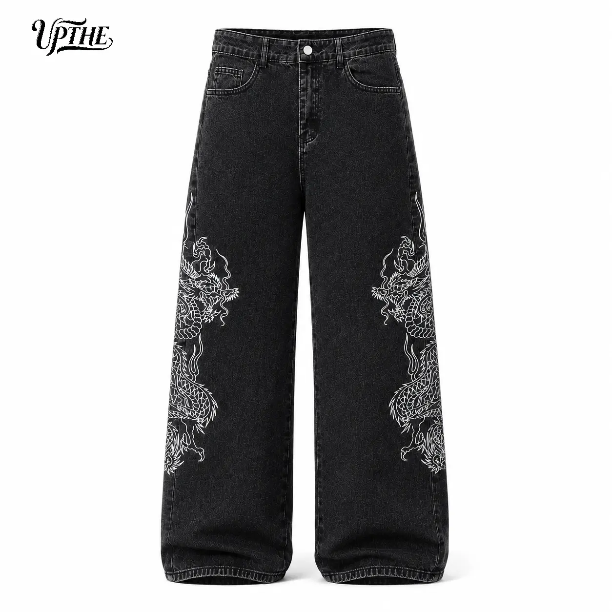UP.THE Men’s Black Washed Ultra Baggy Wide Leg Jeans, Large White Oriental Dragon Outline Embroidery Denim Pants, Oversized Loose Y2K Gothic Skater Hip Hop Streetwear Trousers For Daily Casual Street Outfits, Menswear, Baggy Jeans