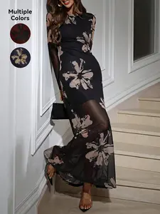 Women's Floral Print Mesh Dress, Elegant Long Sleeve Dress for Parties, Holidays and Wedding Guests, Ladies' Spring & Fall Clothing