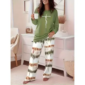 Two-Piece Set, Casual Loose Round Neck Printed Long Sleeve, Gradient Wide-Leg Pants