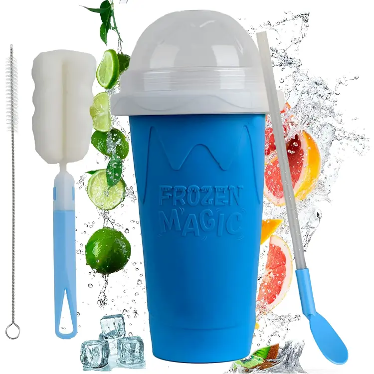 AIT Corp Slushy Magic Cup Maker for Children and Adults -Double Layer Squeeze, Rubber Material, Washable Lid  Blue Handheld Kitchen Cover Utensil Mug Reusable