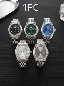 A men's business quartz watch, Quartz wristwatches, Business fashion watches, featuring sparkling rhinestone hour markers, serrated bezel, dual date display. The stainless steel bracelet, perfect for daily commutes and special occasions
