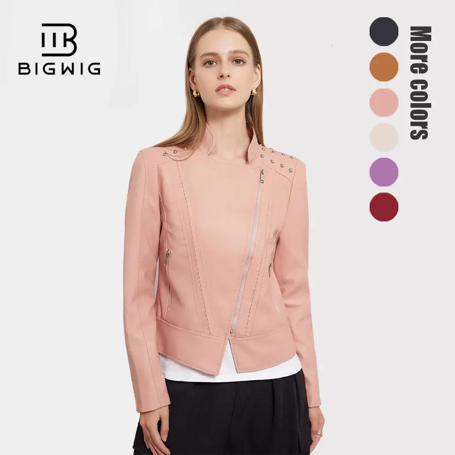 BIGWIG Women's Chic Faux Leather Moto Jacket, Elegant Long Sleeve with Beaded Lapel, Lightweight Zip-Up Tops for Spring, Coats, Outerwear, Lady, Zip-Up Front, Pu, Minimalist, Leggings