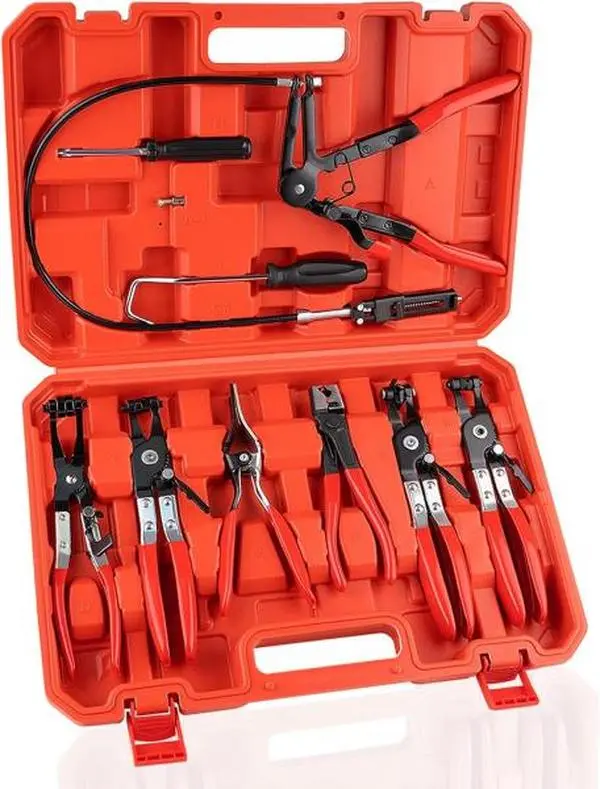 9PCS Hose Clamp Pliers Set Long Reach Tool for Water Hose Automotive Coolant Radiator Heater with Flexible Wire Flat Band Pliers Durable Steel Construction Ergonomic Handles Portable Storage Case