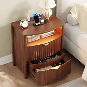 FREDEES Fluted Nightstand Set of 2, 19.7" W Curved Smart Bedside Table with 2 Drawers, Gun Drawer & Card-Lock, Charging Station and LED Lights for Bedroom