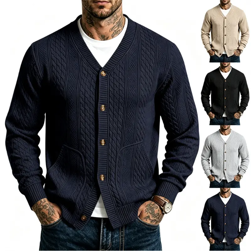 Men’s Casual Menswear Textured Cable-Knit V-Neck Long-Sleeve Cardigan, Skin-Friendly Cotton Blend Fabric, Soft Smooth Non-Scratchy, Wooden Buttons, Front-Open, 2 Side Pockets, Ribbed Cuffs, Suitable for Spring & Autumn, Wearable Alone