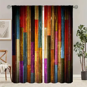 2 pieces of semi-transparent curtains with colorful patchwork striped print, with pole pocket for hanging, suitable for living room, bedroom and home decoration, hand washable, no hooks.