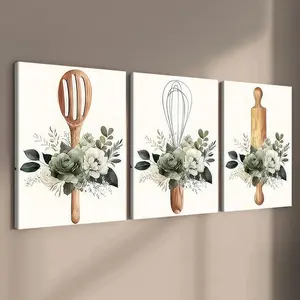 3-Piece Solid Wood Frame Canvas Art Set Wooden Wall Art Decoration Kitchen Decor & Wall Poster, Waterproof High-Definition Print, Ideal for Hallway & Living Room