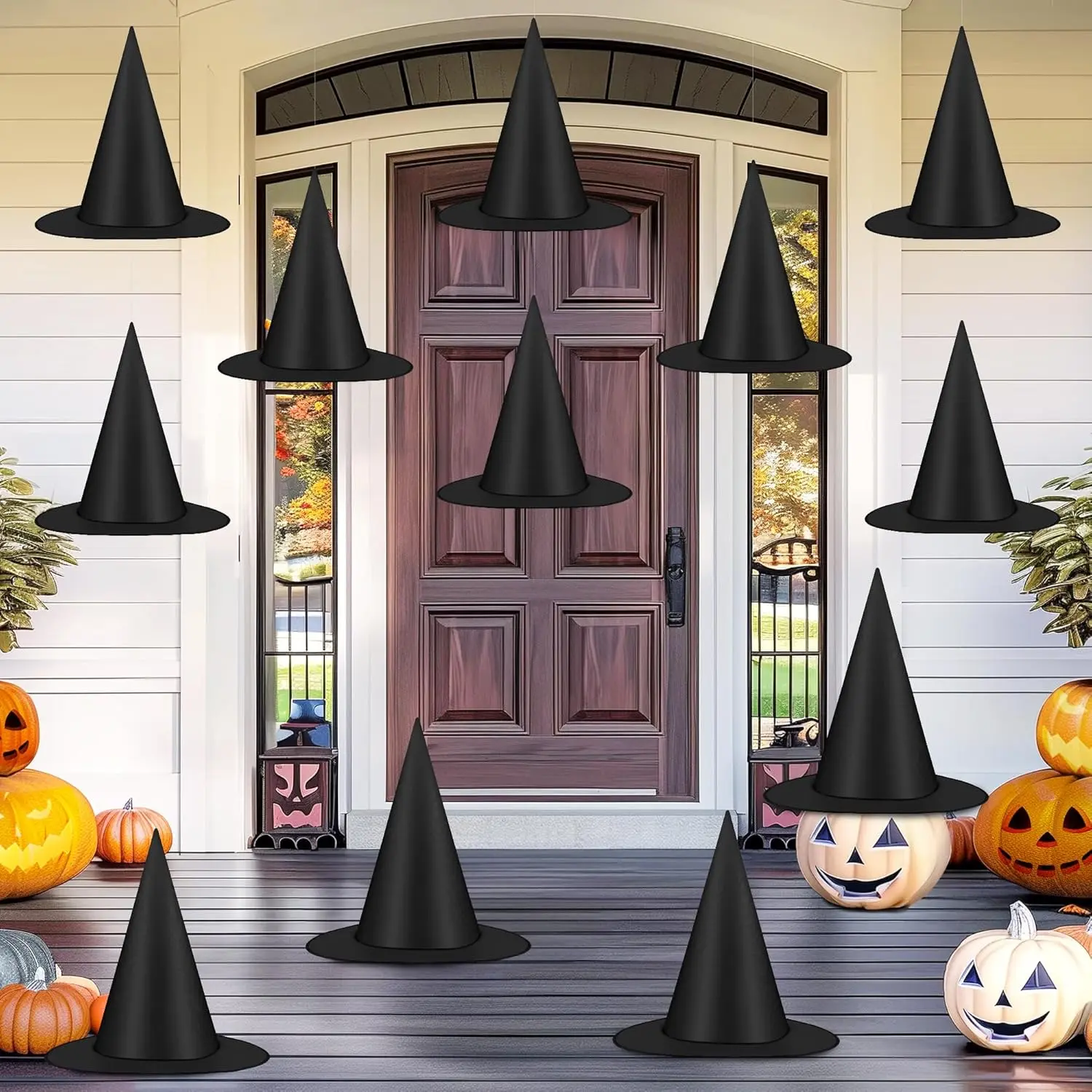 12 PCS Halloween Witch Hats, Black Hanging Witch Hats with 328 FT Nylon Cord, Porch, Yard, Indoor & Outdoor Halloween Decorations