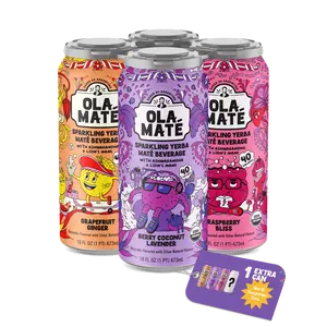 Ola Maté Starter 4-Pack Sparkling Maté Beverage Organic - 4 Flavors Grapefruit Ginger Raspberry Bliss Berry Coconut Lavender with Organic Yerba Maté & Adaptogens
