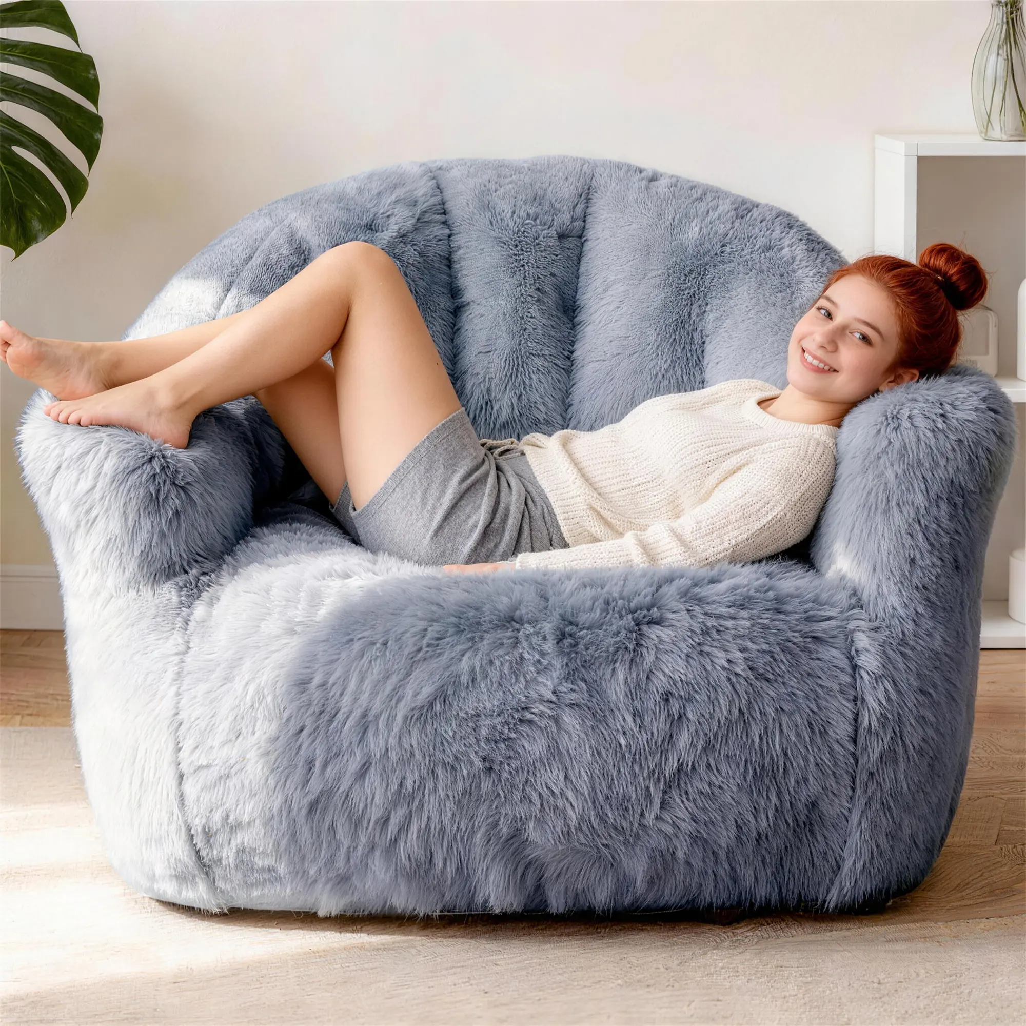 Raybee Bean Bag Chair -Giant Bean Bag Chairs for Adults, Shell-Shaped Bean Bag Couch with Armrests & Side Pockets, Comfy Beanbag Lazy Couch Reading Chair for Bedroom, Living Room, Bluegrey