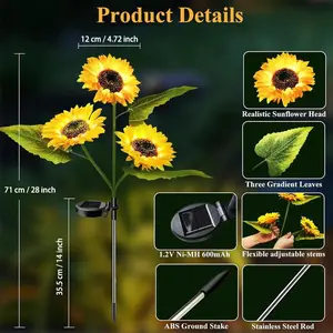 Solar LED Sunflower Garden Lights, Realistic Night Glow for Yard, Lawn, Patio and Porch Decoration, Waterproof IP65, Energy Efficient Outdoor Lighting, Garden Lighting | Decorative Solar Lights | Durable Plastic Flowers,  Outdoorfun