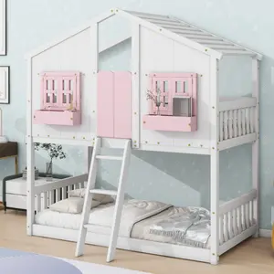 House Bunk Bed Frame Twin Over Twin, Wood Bunk Beds with Roof, Window Box and Small Door, Floor Bunk Beds with Ladder and Guard Rails for kids, bedroom, Pink