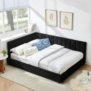 Eyisean Full Size Velvet Upholstered Tufted Bed Frame, Durable Wood Sofa Bed Frame with Legs & Wide Boards, Comfy Corner Daybed with Backrest & Armrests, Elegant L Shaped Floor Beds for Guest Room