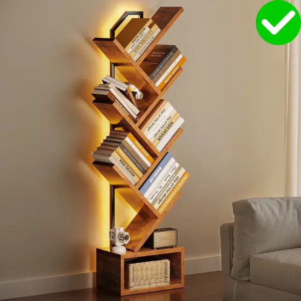 Modern 6-Tier Tree Bookcase with Smart LED Lights - Freestanding Storage Display Shelf Organizer for Living Room & Home Office