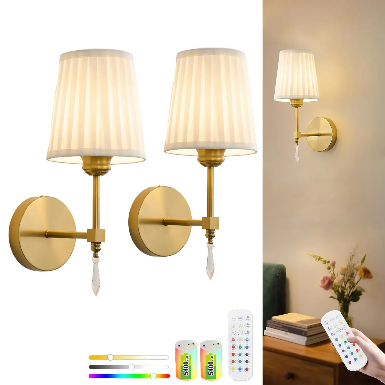 2-Pack Battery-Operated Wireless LED Wall Sconce Lights with Remote Control, Fabric Shade Indoor Lamps for Bedroom, Living Room, Led Wall Decor, Modern Led Bedroom summervibes
