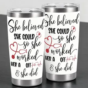 Trendy"She Believed She Could"Nurse-Themed&Medical Element Design 20oz Stainless Steel Cup,Thermos Cup with Lid,Reusable Drinking Cup,High-Quality Water Bottle for Iced Coffee,Beer,Juice,Milk,Cold Drinks,Fashionable,Perfect Gift for Nurses,Colleagues
