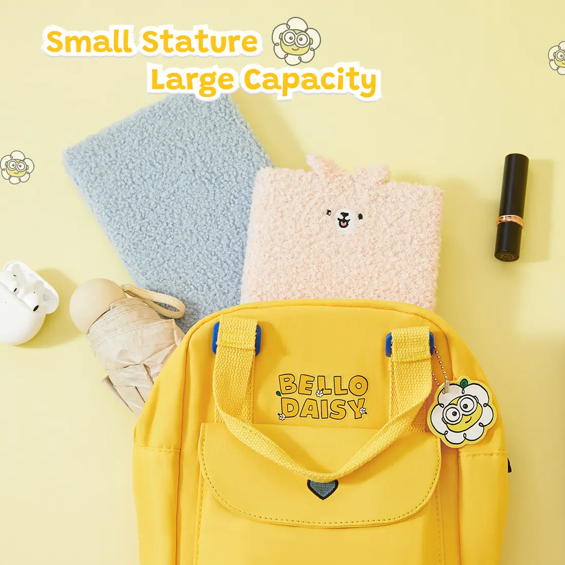 MINISO Floral Minion Series Cute Mini Backpack - Sunshine Yellow Casual Printed Backpack, Portable Lightweight Multi Functional Stylish Daypack for Day Trips, Daily Use, Backpack Cute，Back To School