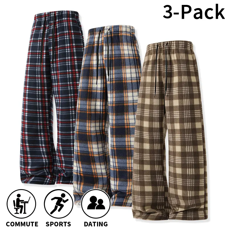 Men’s Casual Checked Double-Sided Fleece Pants - 3-Pack/1-Pack Vintage Wide-Leg Drawstring Trousers, Loose Straight-Leg Warm Streetwear Bottoms for Autumn & Winter, Sohochic Sweatpants with Warmth