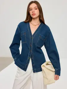 Women's Deep V-Neck Denim Jacket, Waist-Cinching Slim-Fit Long-Sleeve Single-Breasted Top, Ladies' Denim Shirt With Back Tie Detail, Suitable For Spring, Autumn And Winter
