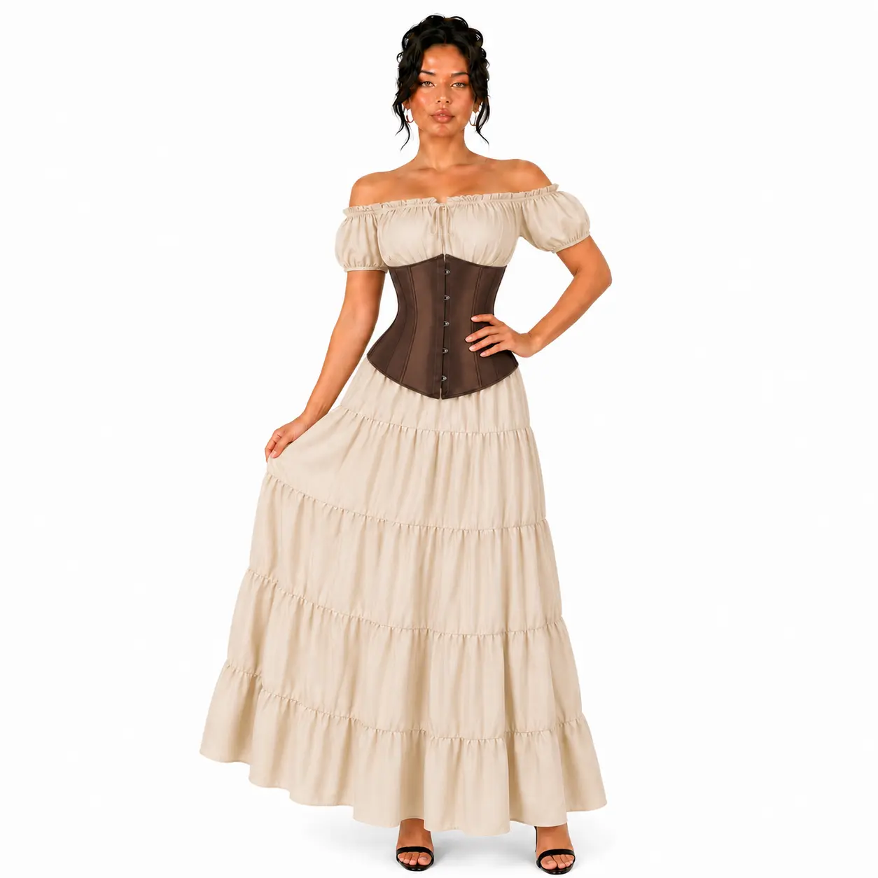 2-Pieces Vintage Pirate Wench Costume Cream Renaissance Dress with Brown Waist Cincher Gothic Steampunk Long Dress MUSIBEAUTY for Cosplay & Halloween Party 6531+7055