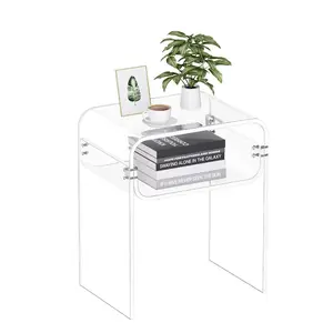 VEVOR Acrylic Side Table, 2 Tiers Clear Bedside Table with Storage Shelf, Modern Rectangle Acrylic End Desk, Transparent Thick Nightstand for Bedroom, Living Room, Study, 11.8x 15.7x 19.7 in (Clear), Indoor Furniture Table, Modern Accent Tables